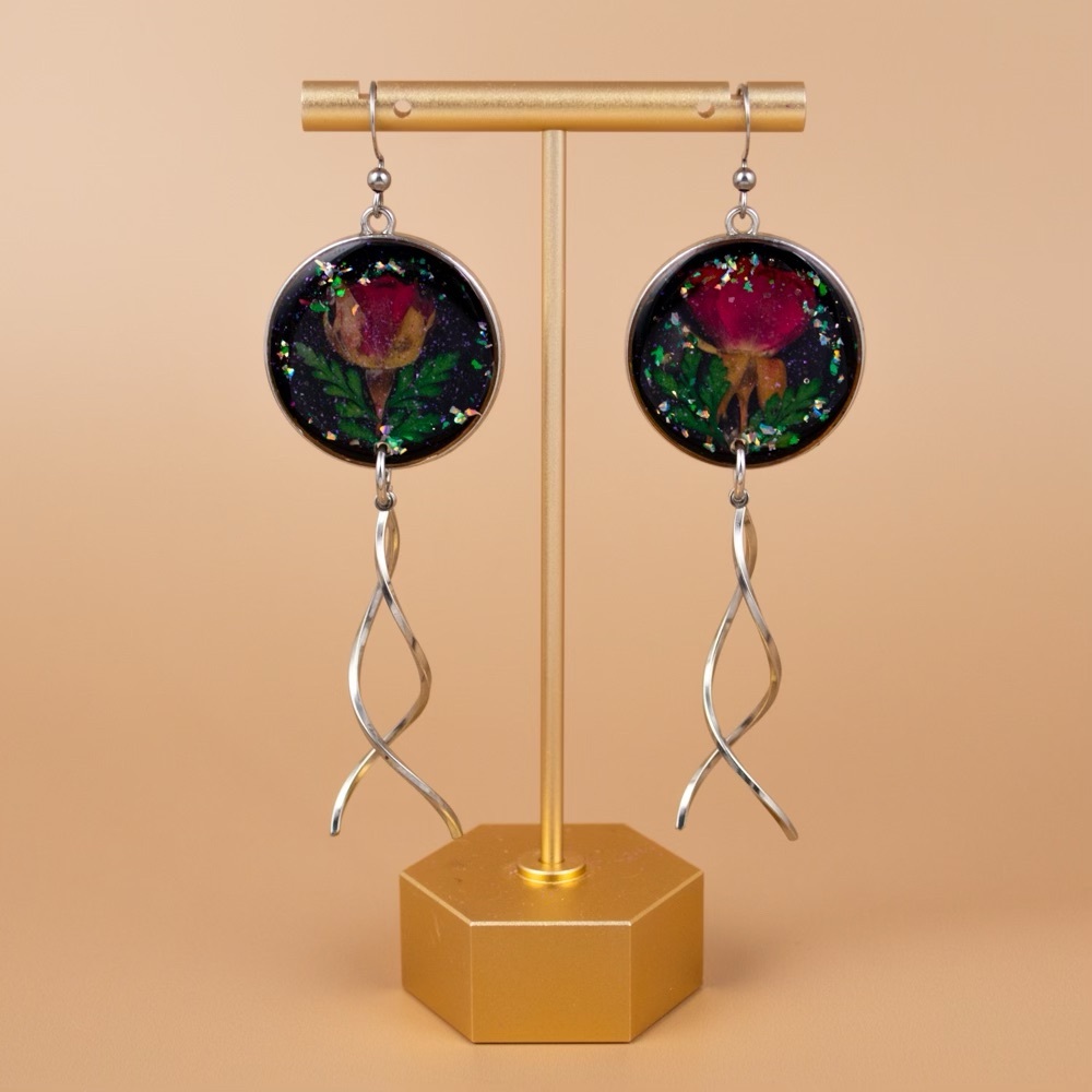 Handmade Drop Dangle Red Rose Earrings Women’s Real Flower Circle Earrings